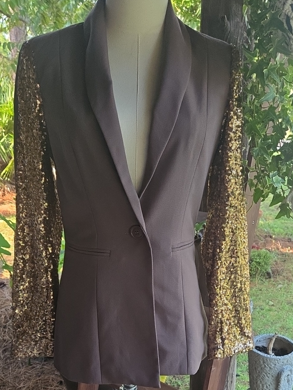 Cecico Dark Taupe Mocha Gold Sequin Sleeve Single Button Blazer Size Small